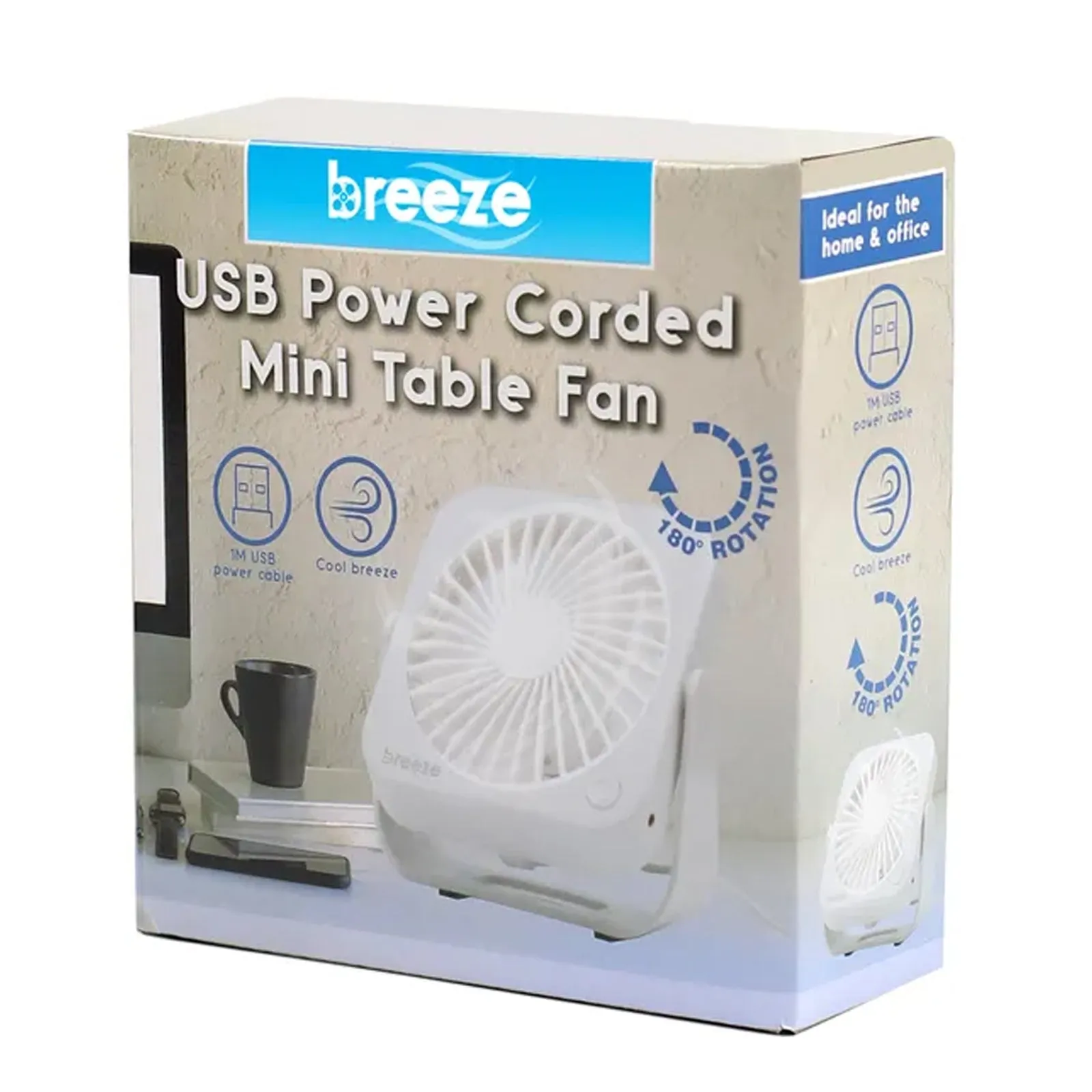 Breeze USB Powered White Mini Table Fan