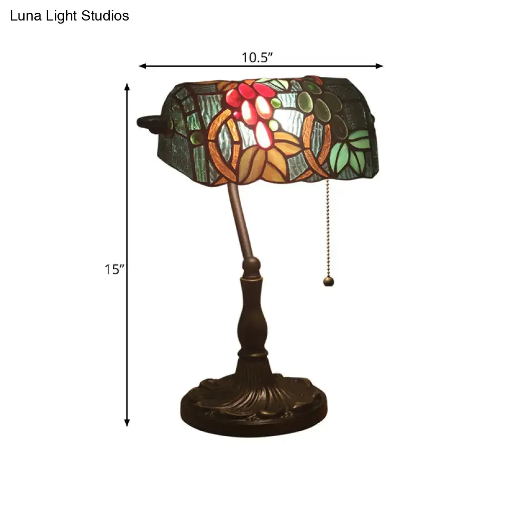 Bronze Nightstand Lamp with Cut Glass Rollover Shade - Baroque Grape Patterned, Pull Chain, 1 Head Table Lighting