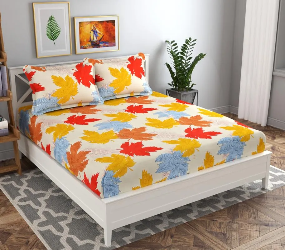 BSB HOME 144 TC Double Floral Bedsheet with 2 Pillow Covers | 120 GSM Soft Brushed Microfiber - Breathable & Wrinkle Free - (88 X 90 Inch, Beige & Red & Yellow)