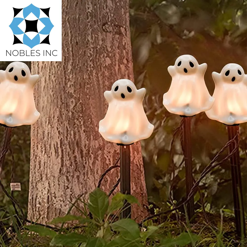 C7 Outdoor Halloween Ghosts Pathway Marker Lights, 4 White Ghost Lights with 4 Stakes, 7Ft Extendable Pathway String Lights Waterproof for Halloween Lawn Walkway Driveway Markers Lighting