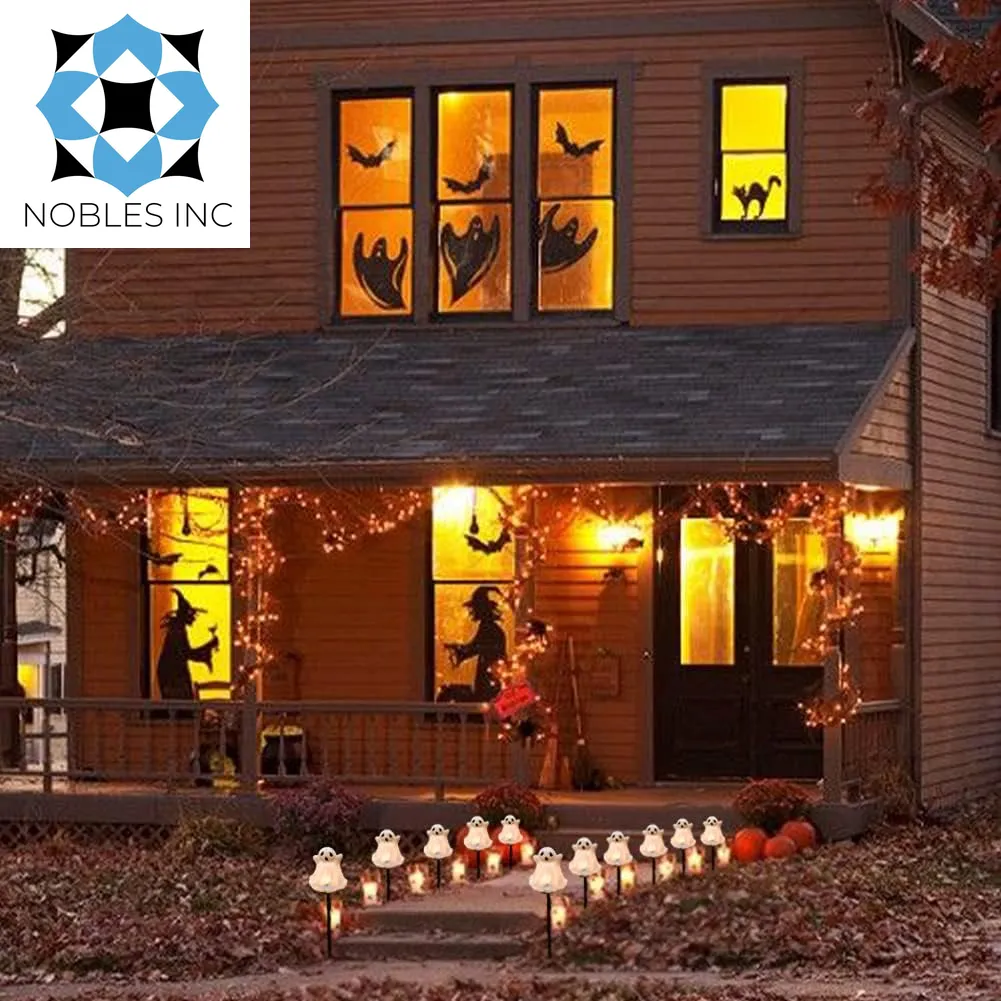 C7 Outdoor Halloween Ghosts Pathway Marker Lights, 4 White Ghost Lights with 4 Stakes, 7Ft Extendable Pathway String Lights Waterproof for Halloween Lawn Walkway Driveway Markers Lighting