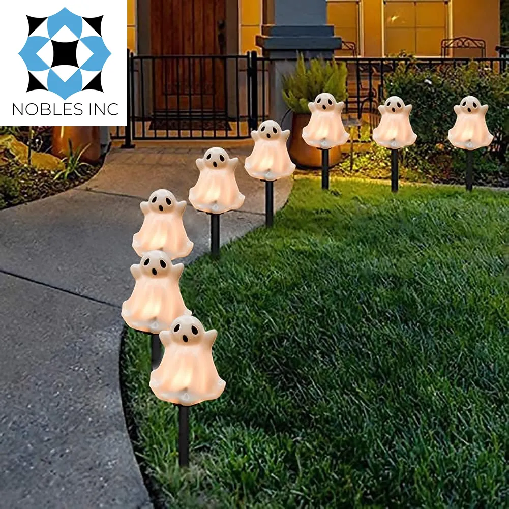 C7 Outdoor Halloween Ghosts Pathway Marker Lights, 4 White Ghost Lights with 4 Stakes, 7Ft Extendable Pathway String Lights Waterproof for Halloween Lawn Walkway Driveway Markers Lighting