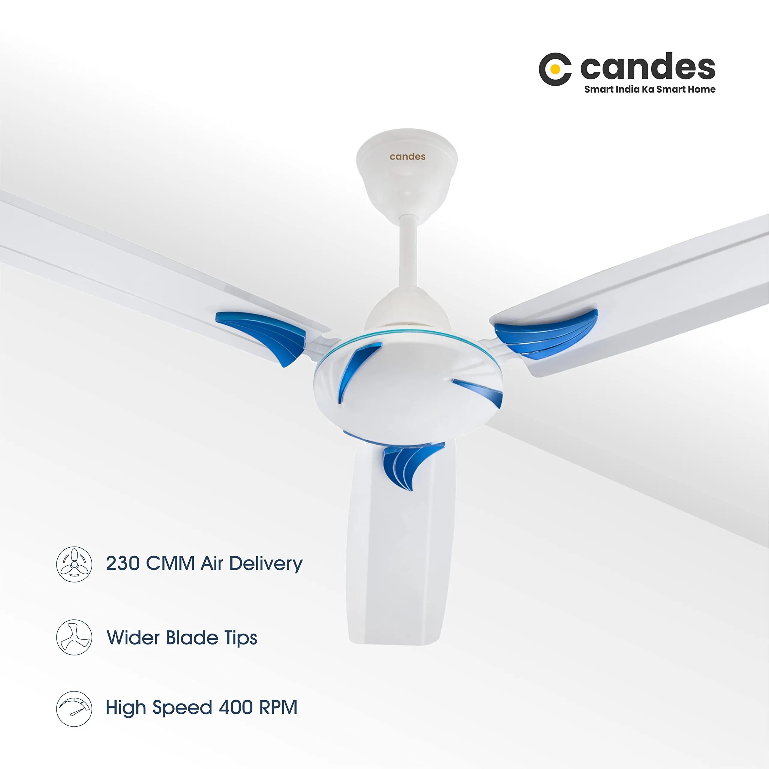 Candes Lynx 1200Mm /48 Inch High Speed Anti-Dust Decorative 3 Stars Rated Ceiling Fan 2 Yrs Warranty (White Blue) Pack Of 1