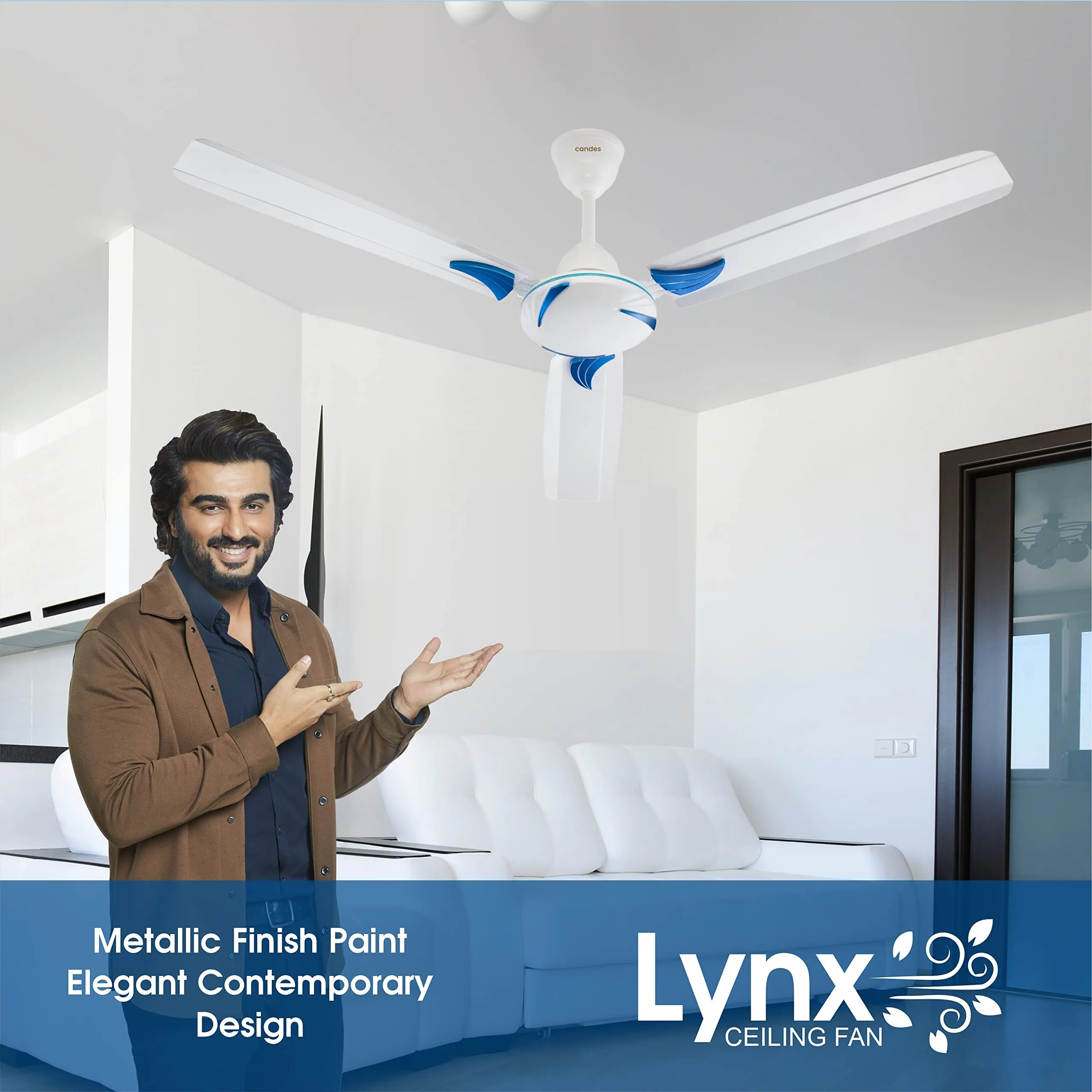 Candes Lynx 1200Mm /48 Inch High Speed Anti-Dust Decorative 3 Stars Rated Ceiling Fan 2 Yrs Warranty (White Blue) Pack Of 1