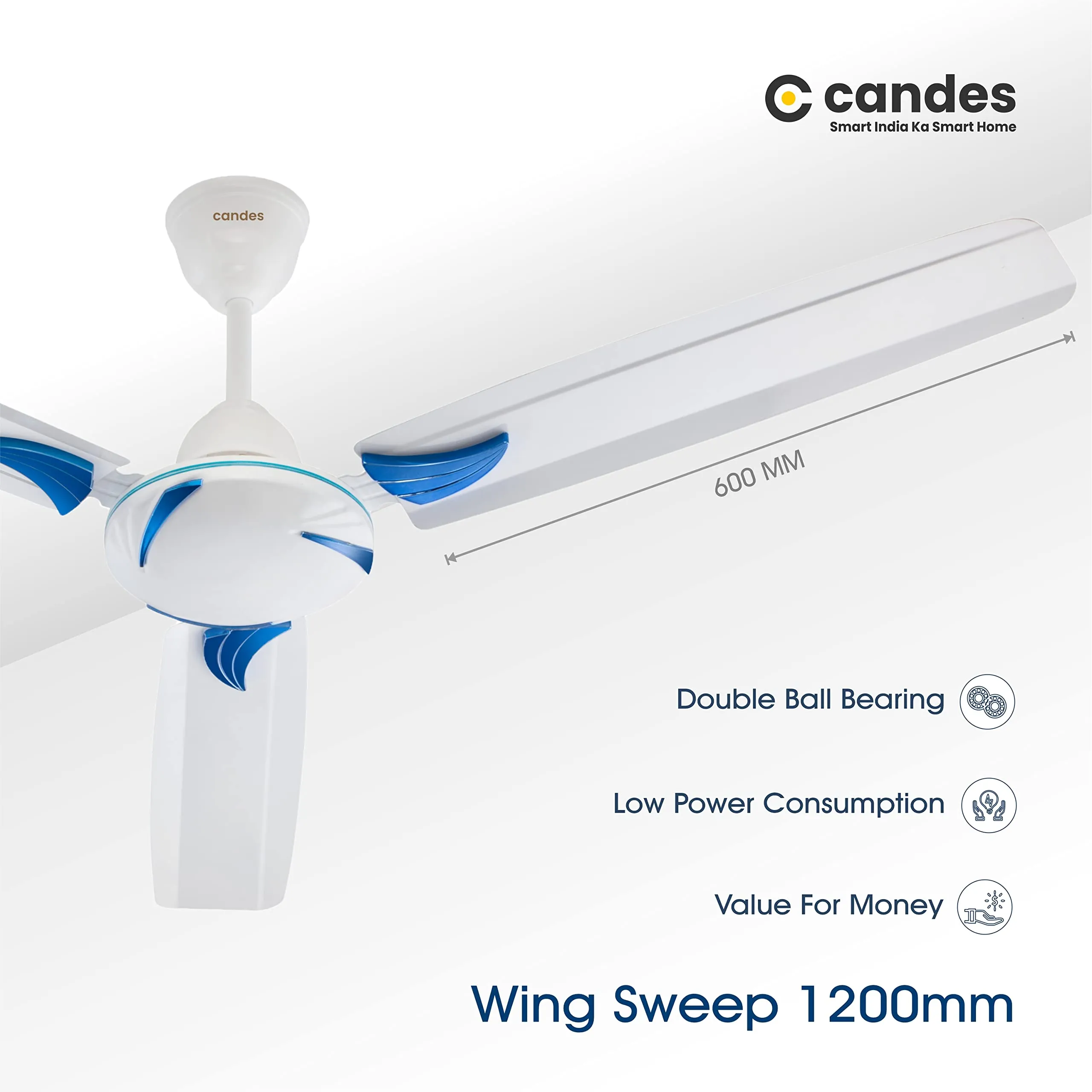 Candes Lynx 1200Mm /48 Inch High Speed Anti-Dust Decorative 3 Stars Rated Ceiling Fan 2 Yrs Warranty (White Blue) Pack Of 1