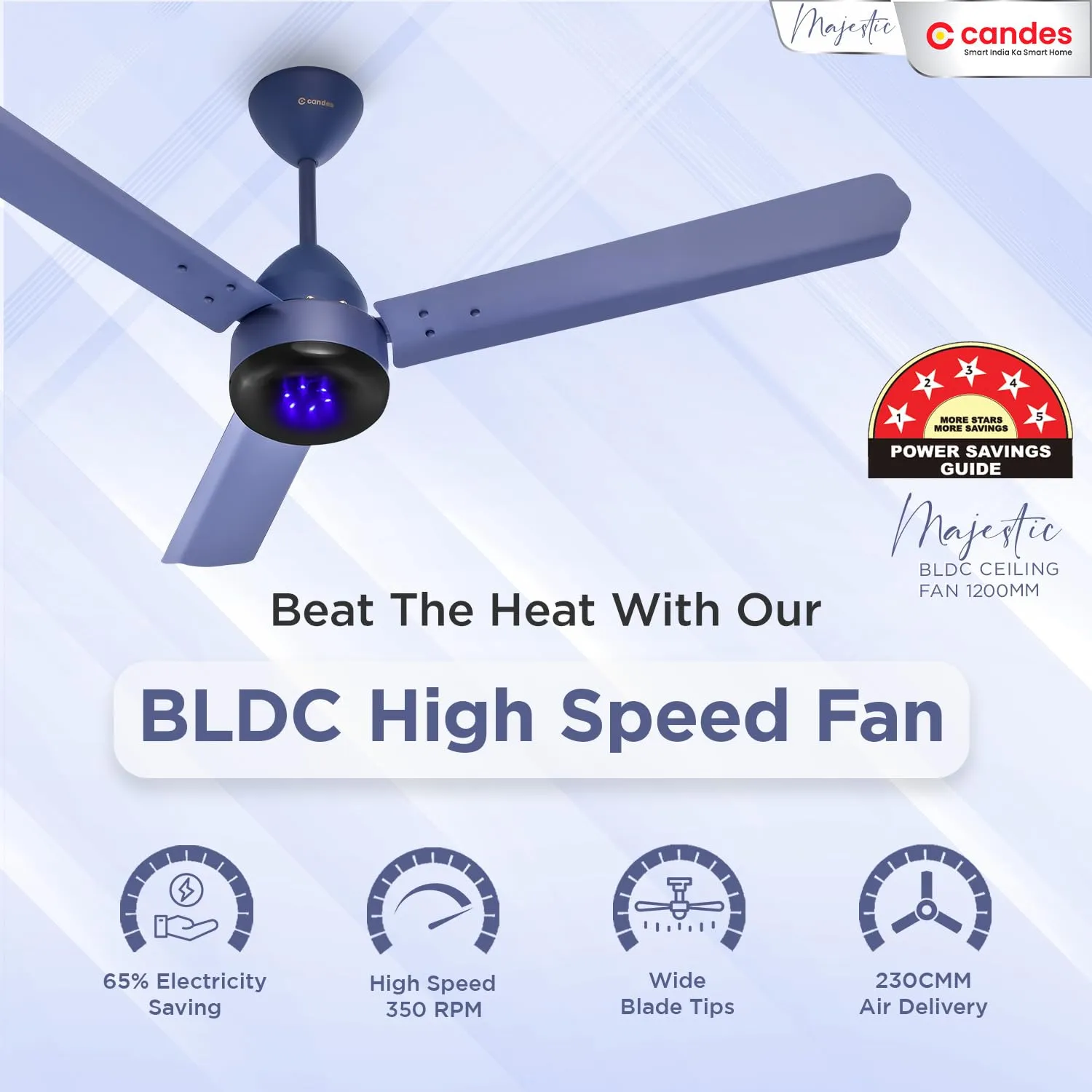 Candes Majestic BLDC LED Ceiling Fan 1200mm / 48 inch | BEE 5 Star Rated, Upto 65% Energy Saving, High Air Delivery & High Speed Ceiling Fans for Home | 2 1 Years Warranty (Blue Black)