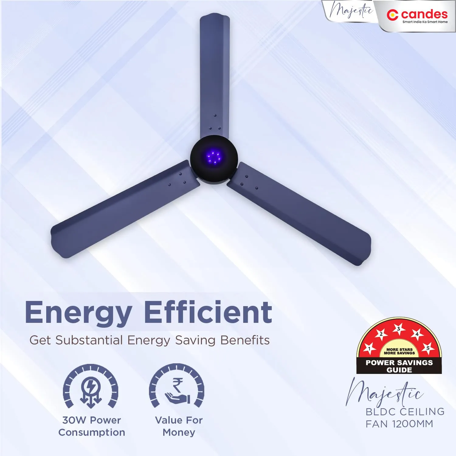 Candes Majestic BLDC LED Ceiling Fan 1200mm / 48 inch | BEE 5 Star Rated, Upto 65% Energy Saving, High Air Delivery & High Speed Ceiling Fans for Home | 2 1 Years Warranty (Blue Black)