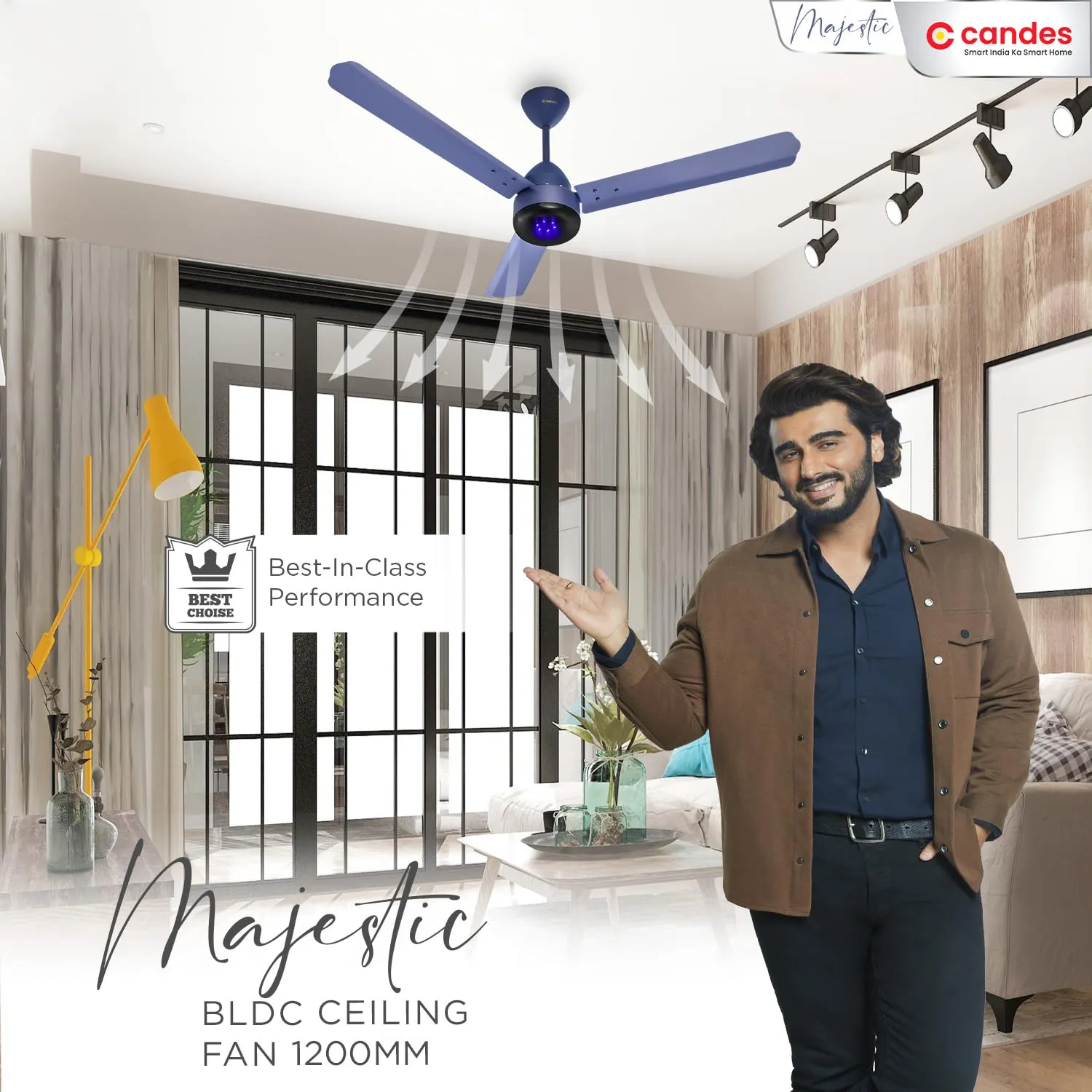 Candes Majestic BLDC LED Ceiling Fan 1200mm / 48 inch | BEE 5 Star Rated, Upto 65% Energy Saving, High Air Delivery & High Speed Ceiling Fans for Home | 2 1 Years Warranty (Blue Black)