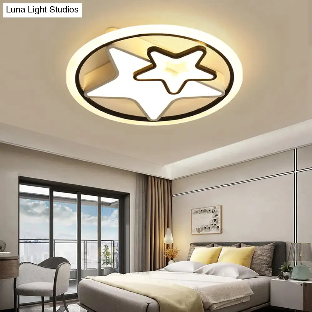 Cartoon LED Kids Ceiling Lamp in Black Metal – Round Flush Mount Fixture