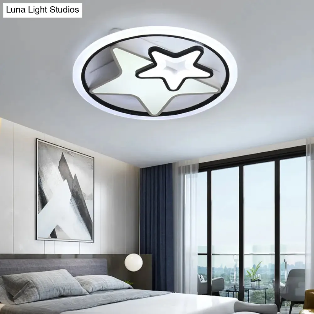 Cartoon LED Kids Ceiling Lamp in Black Metal – Round Flush Mount Fixture