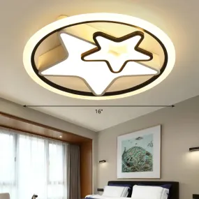 Cartoon LED Kids Ceiling Lamp in Black Metal – Round Flush Mount Fixture