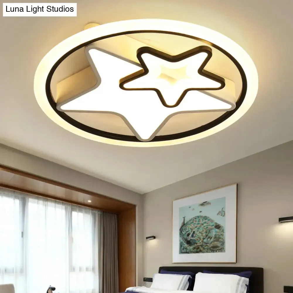 Cartoon LED Kids Ceiling Lamp in Black Metal – Round Flush Mount Fixture