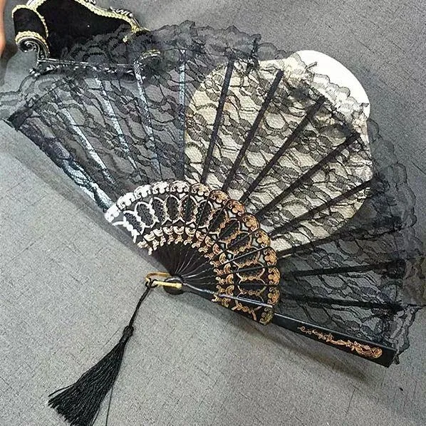 Charming Gothic Lolita Dark Lace Tassel Fans