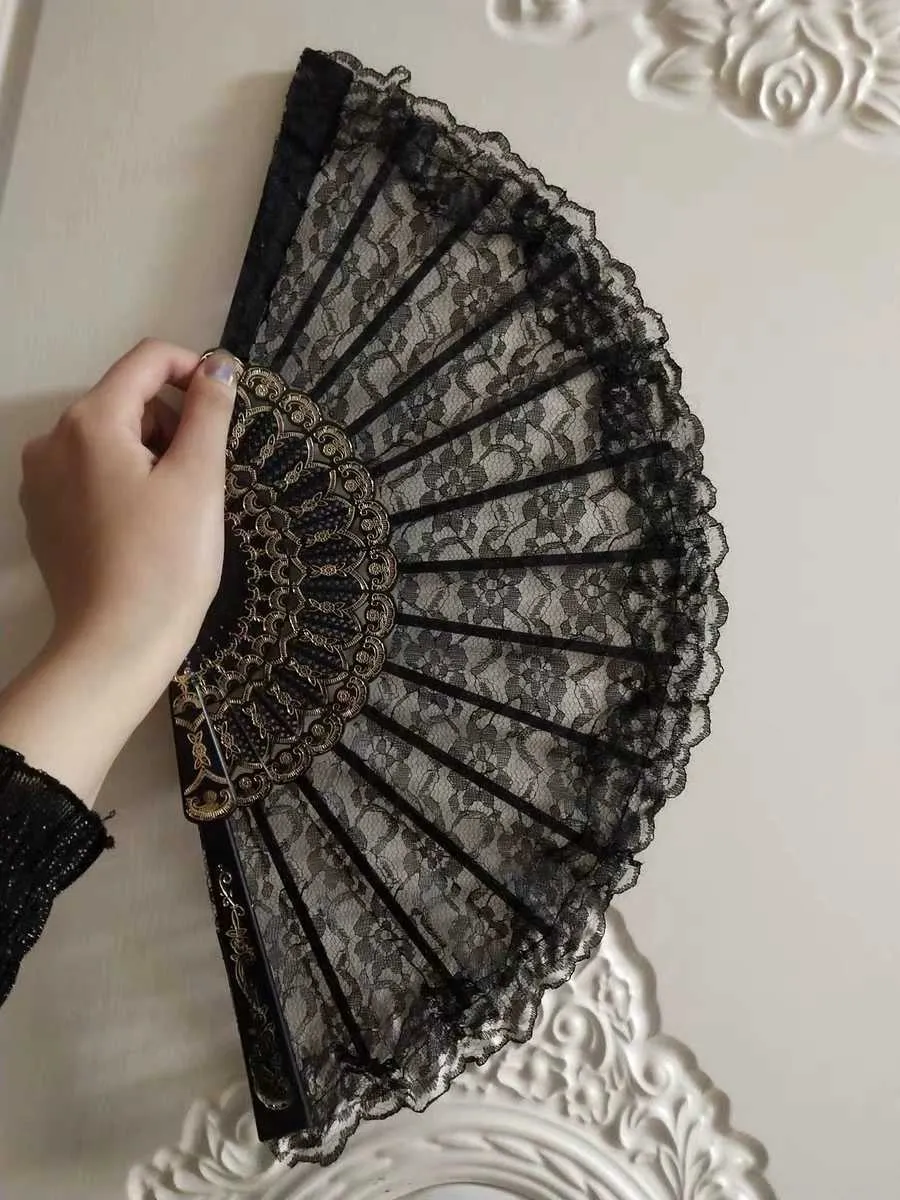 Charming Gothic Lolita Dark Lace Tassel Fans