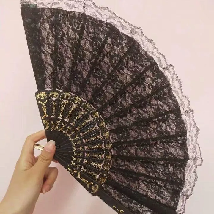 Charming Gothic Lolita Dark Lace Tassel Fans