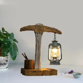 Coastal Beige Wooden Nightstand Lamp with Axe Shape: Pen Container and Table Light