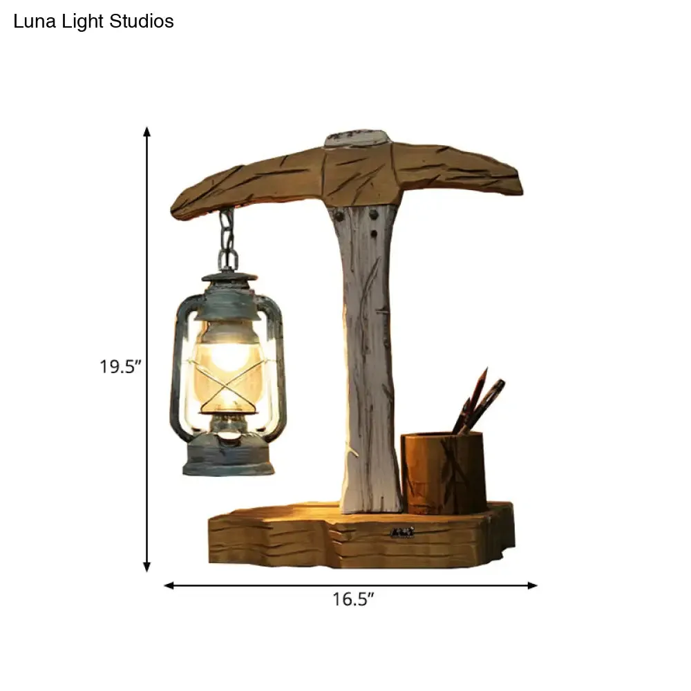 Coastal Beige Wooden Nightstand Lamp with Axe Shape: Pen Container and Table Light