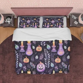 Colorful Spooky Bedding Purple Duvet Cover Set, Pumpkin Halloween Room Decor, Autumn Bedspread, Dorm Quilt Cover, Comforter Bed Cover