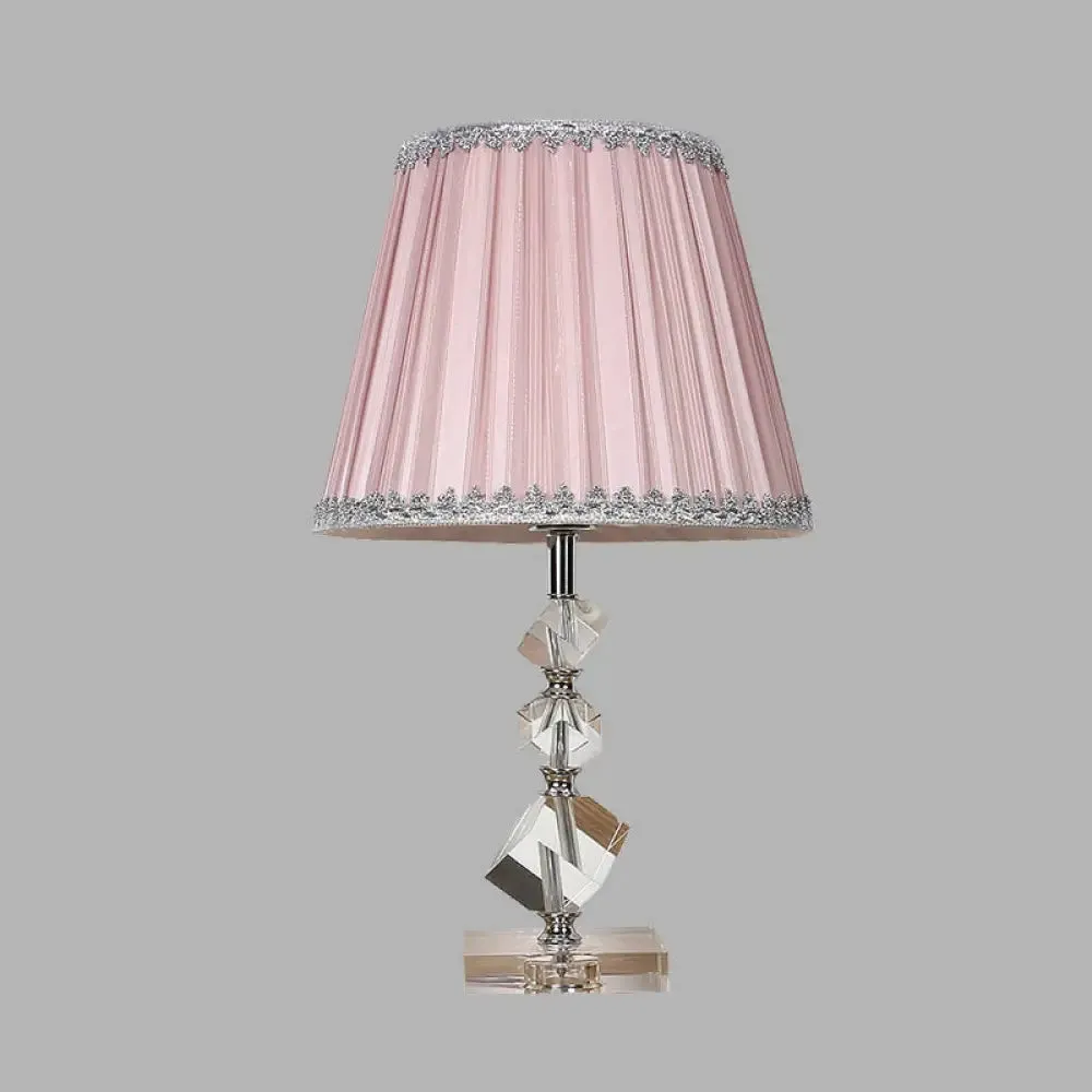 Conical Table Lamp: Pink Fabric Countryside 1-Light Night Light with Crystal Base for Bedroom