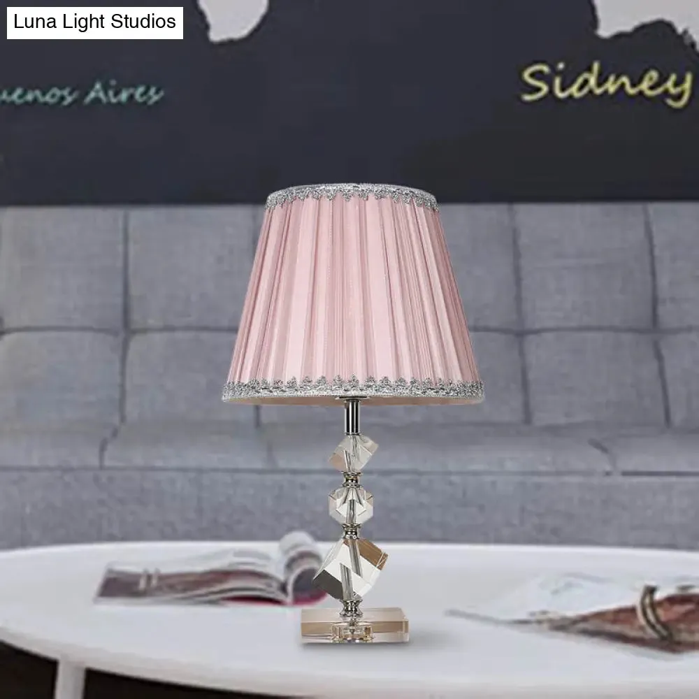 Conical Table Lamp: Pink Fabric Countryside 1-Light Night Light with Crystal Base for Bedroom