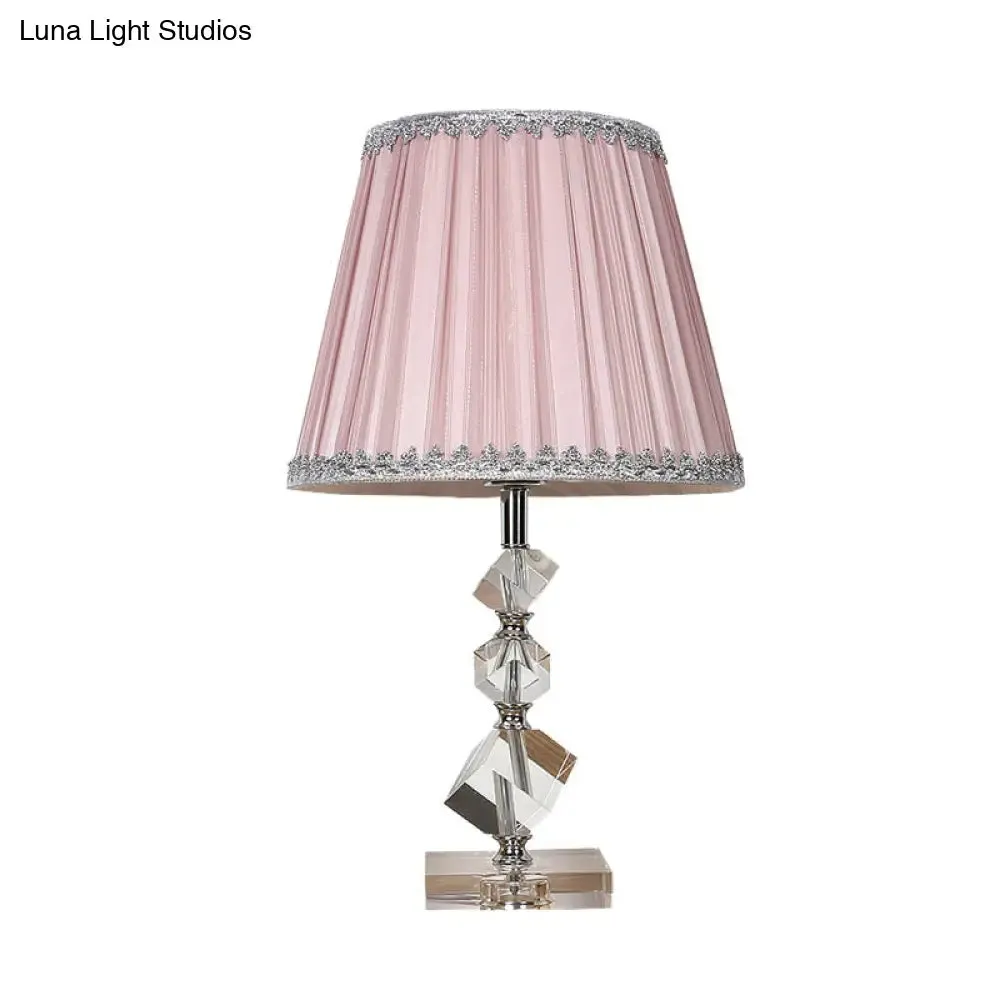 Conical Table Lamp: Pink Fabric Countryside 1-Light Night Light with Crystal Base for Bedroom