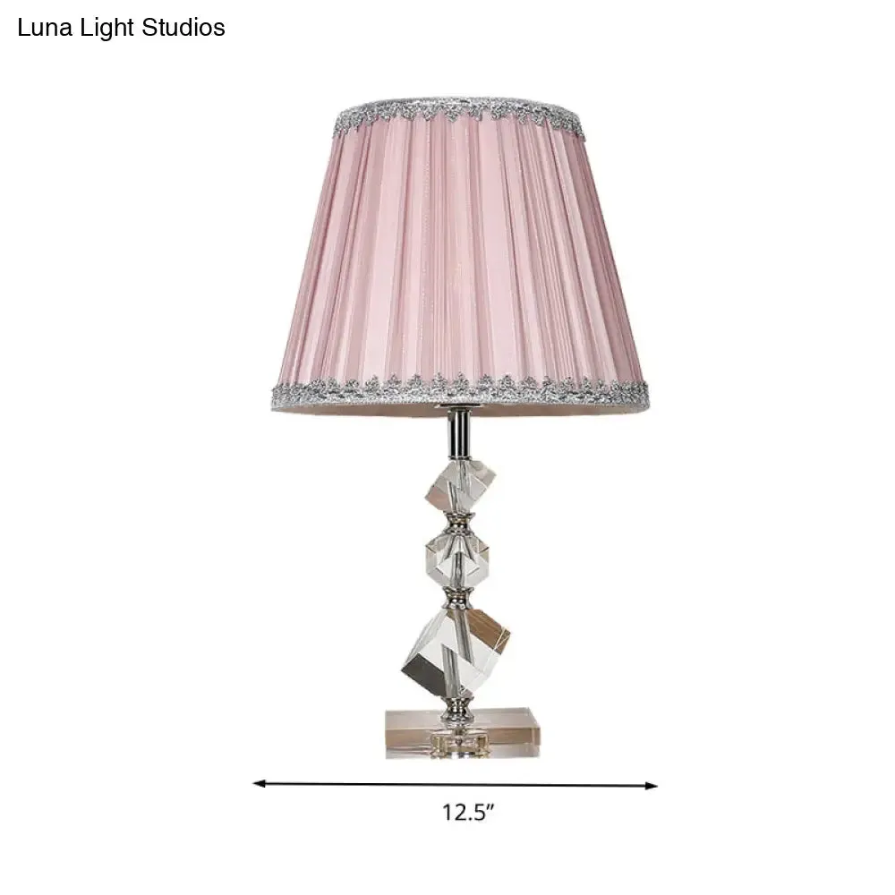 Conical Table Lamp: Pink Fabric Countryside 1-Light Night Light with Crystal Base for Bedroom