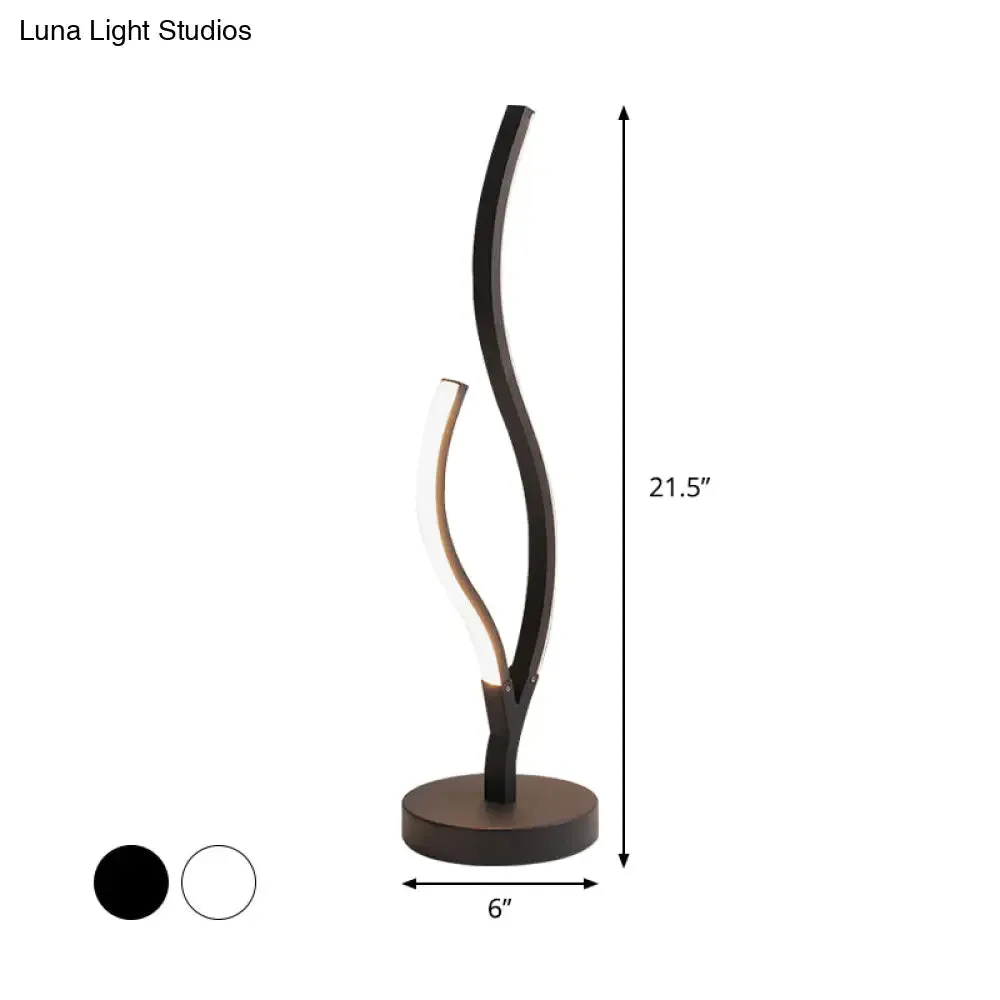 Curvy Acrylic LED Nightstand Lamp in Black/White with Metal Circle Base - Sleek Minimalist Task Lighting