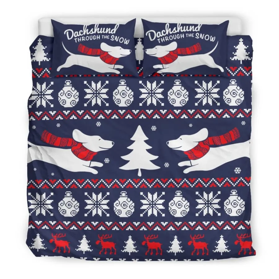 Dachshund Through The Snow Bedding Set| Christmas Theme Bedding US King/Queen/Full/Twin Size