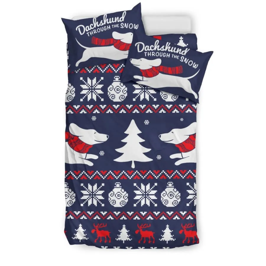 Dachshund Through The Snow Bedding Set| Christmas Theme Bedding US King/Queen/Full/Twin Size