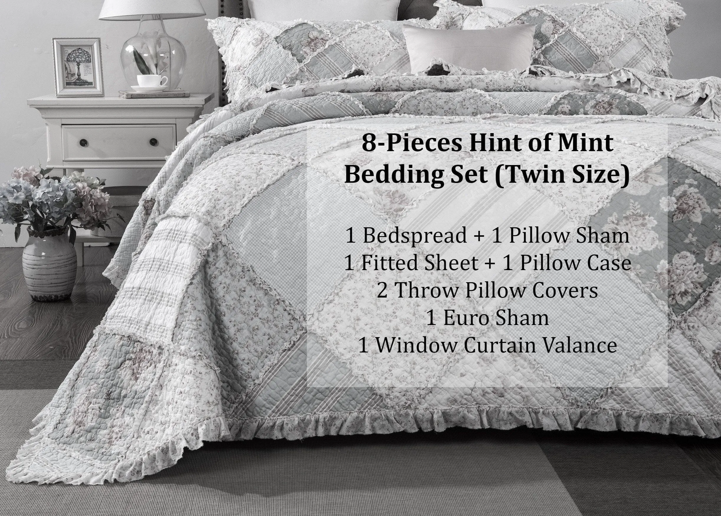 DaDalogy Bedding Bed in a Bag Bundle Set - Hint of Mint Cottage Floral Pastel Patchwork Bedspread Set (JHW3036)