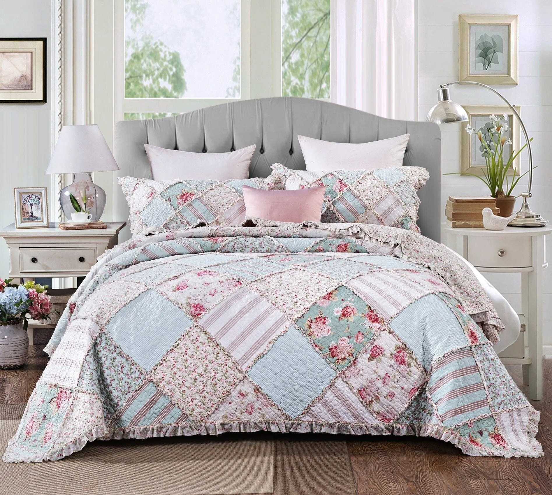 DaDalogy Bedding Bed in a Bag Bundle Set - Hint of Mint Cottage Floral Pastel Patchwork Bedspread Set (JHW3036)