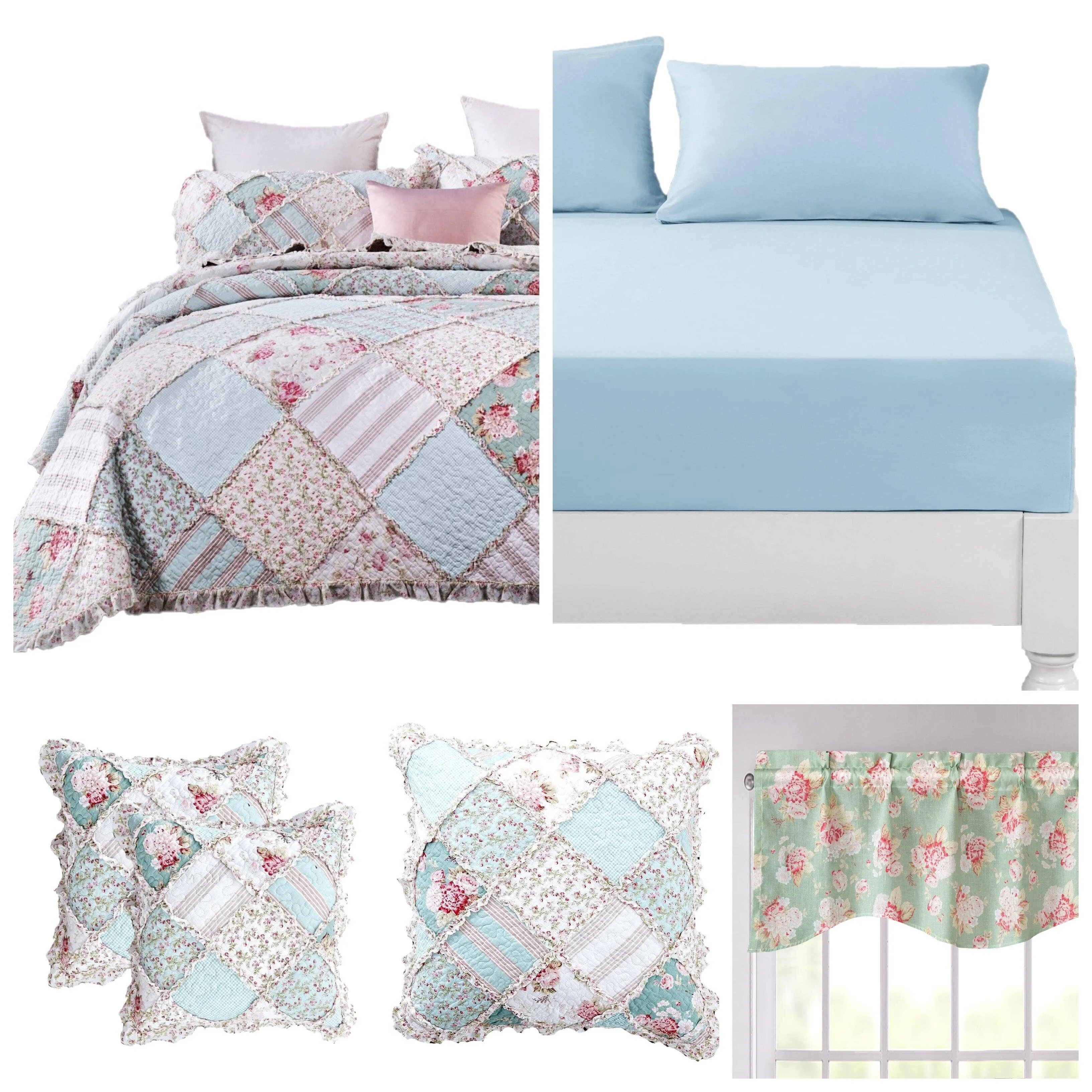 DaDalogy Bedding Bed in a Bag Bundle Set - Hint of Mint Cottage Floral Pastel Patchwork Bedspread Set (JHW3036)