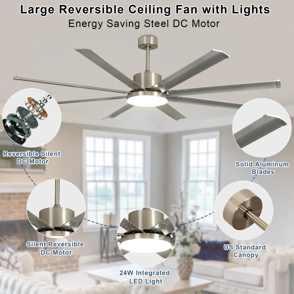 Depuley 72" Large Ceiling Fans with Light and remote, Modern Nickel Reversible Ceiling Fan with Light LED and 8 Aluminum Blades, Outdoor DC Ceiling Fans with 6-Speed for Covered Patios, 3CCT, Timer