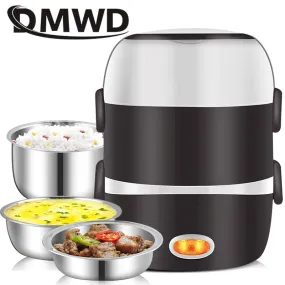 DMWD Mini Electric Rice Cooker Stainless Steel 2/3 Layers Steamer Portable Meal Thermal Heating Lunch Box Food Container Warmer