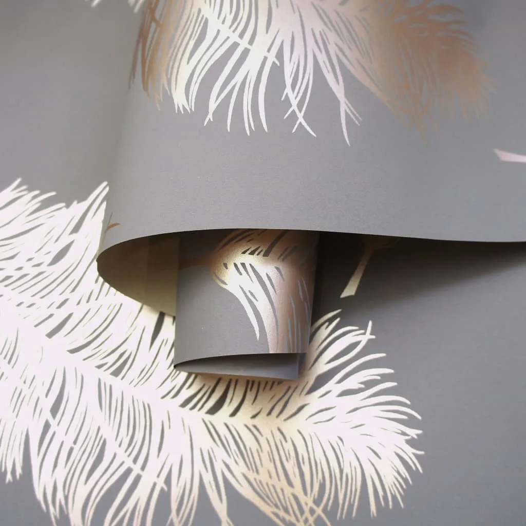 DUTCH WALLCOVERINGS Wallpaper Fawning Feather Grey and Rose Gold