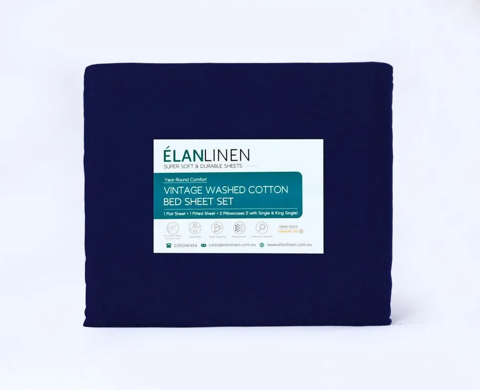 Elan Linen 100% Egyptian Cotton Vintage Washed 500TC Navy Blue Double Bed Sheets Set