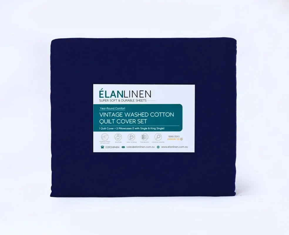 Elan Linen 100% Egyptian Cotton Vintage Washed 500TC Navy Blue Double Bed Sheets Set