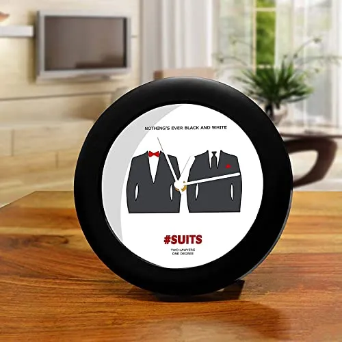 Epic Stuff - Suits- Black and White Design Plastic Round Table Clock (Without Numbering) - Best Gifts for Suits Fans/Suits Fandom/Best Accessories for Home and Office Decor