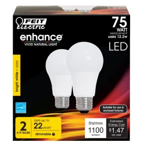 Feit Enhance A19 E26 (Medium) LED Bulb Bright White 75 Watt Equivalence 2 pk