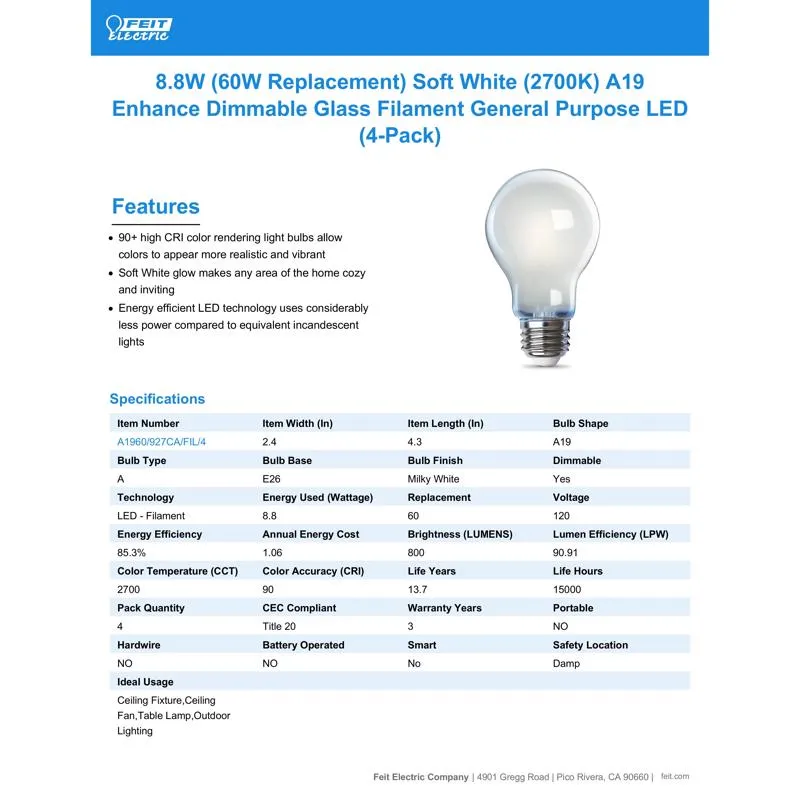 Feit Enhance A19 E26 (Medium) LED Bulb Soft White 60 Watt Equivalence 4 pk