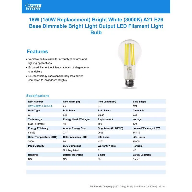 Feit LED A21 E26 (Medium) Filament LED Bulb Bright White 150 Watt Equivalence 1 pk