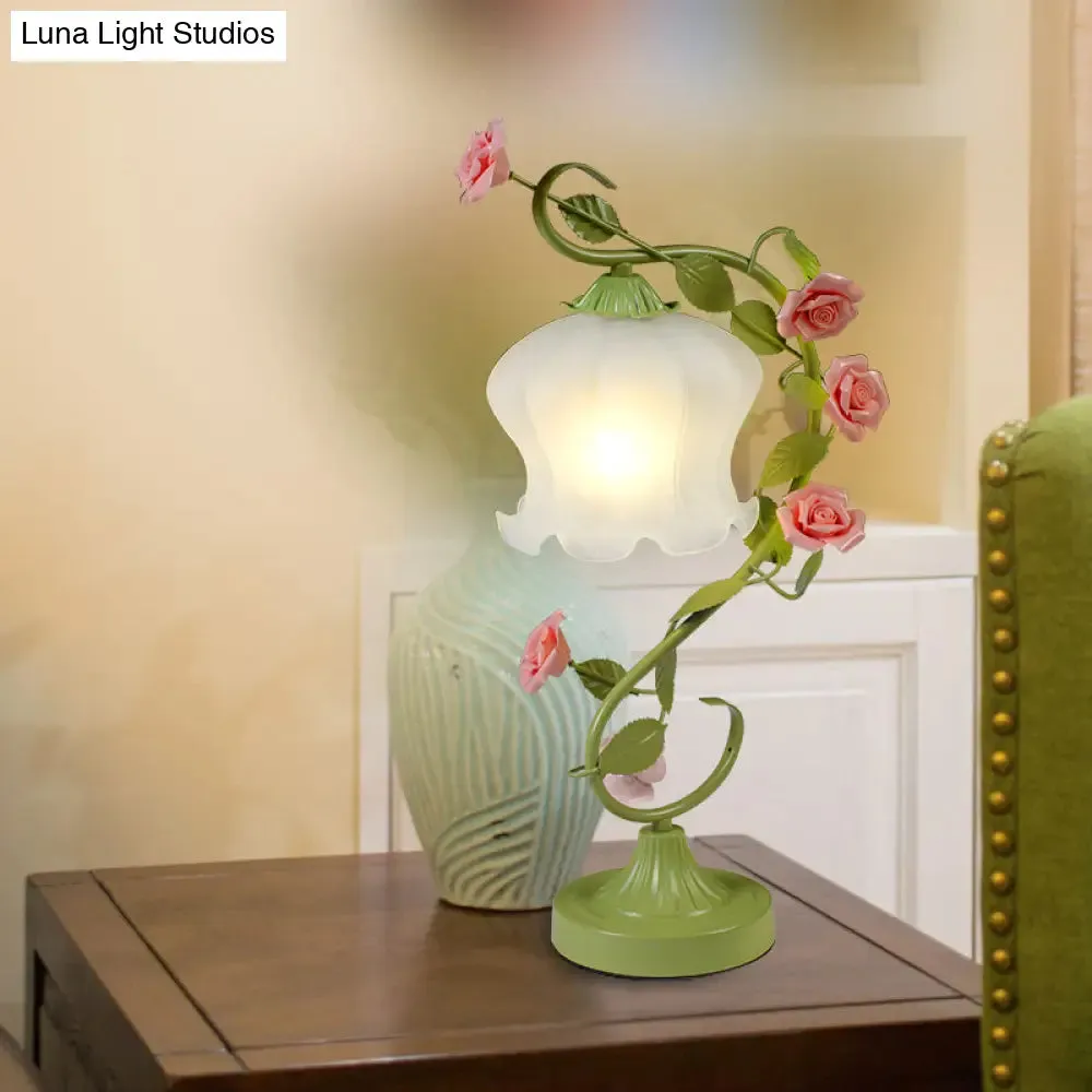 Floral Table Lamp with Frosted White Glass Night Light - Traditional White/Green Design for Living Room