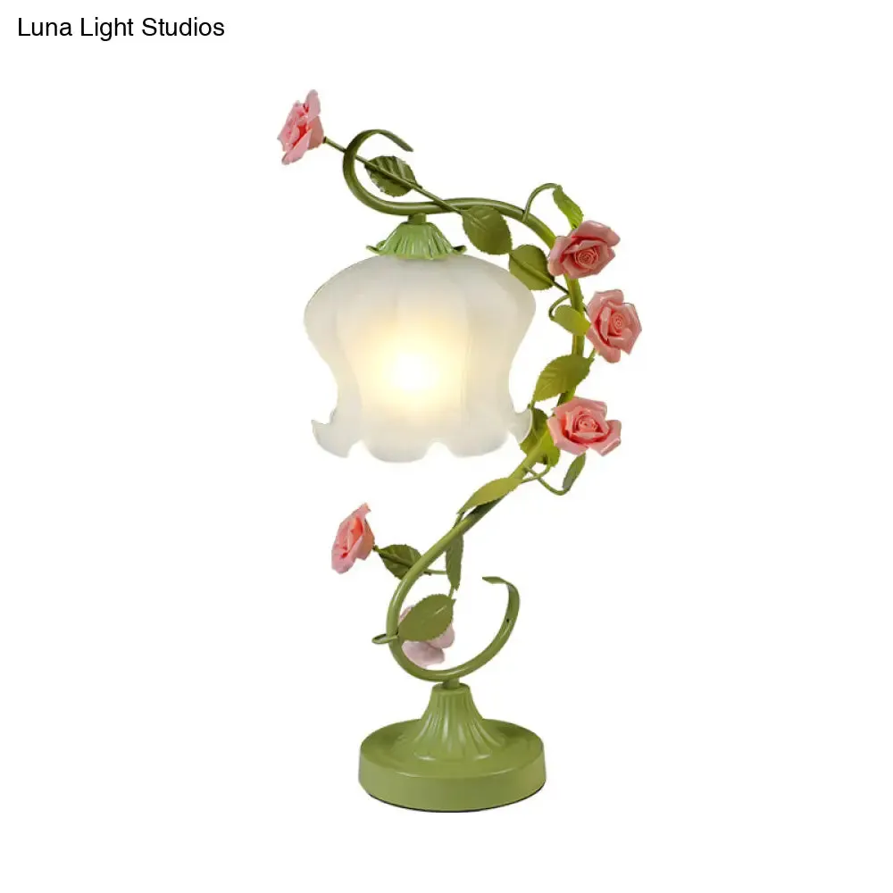 Floral Table Lamp with Frosted White Glass Night Light - Traditional White/Green Design for Living Room