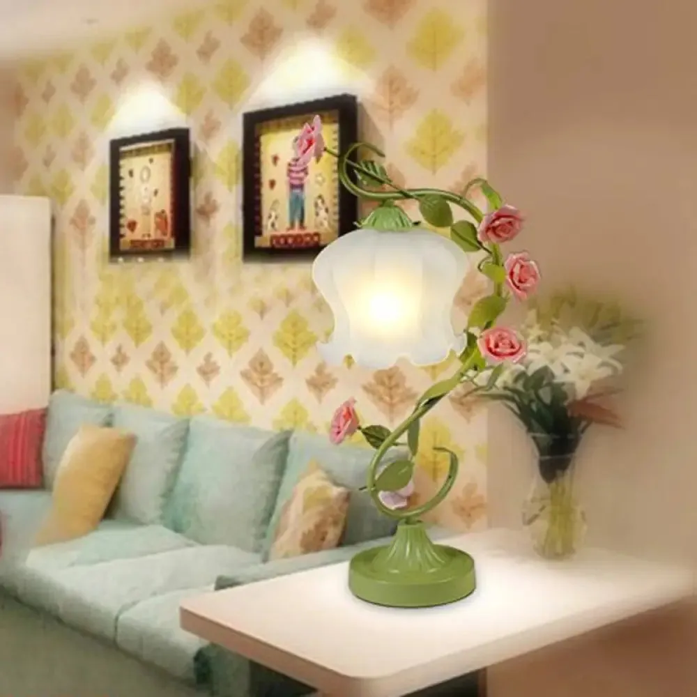 Floral Table Lamp with Frosted White Glass Night Light - Traditional White/Green Design for Living Room