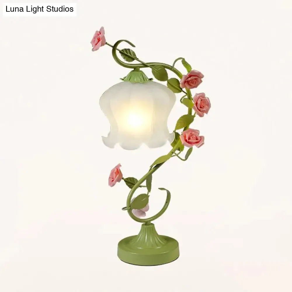 Floral Table Lamp with Frosted White Glass Night Light - Traditional White/Green Design for Living Room