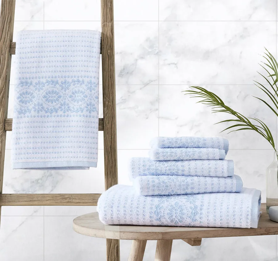 Forever Eyelet 6 Piece Cotton Towel Set Blue Cashmere and Snow