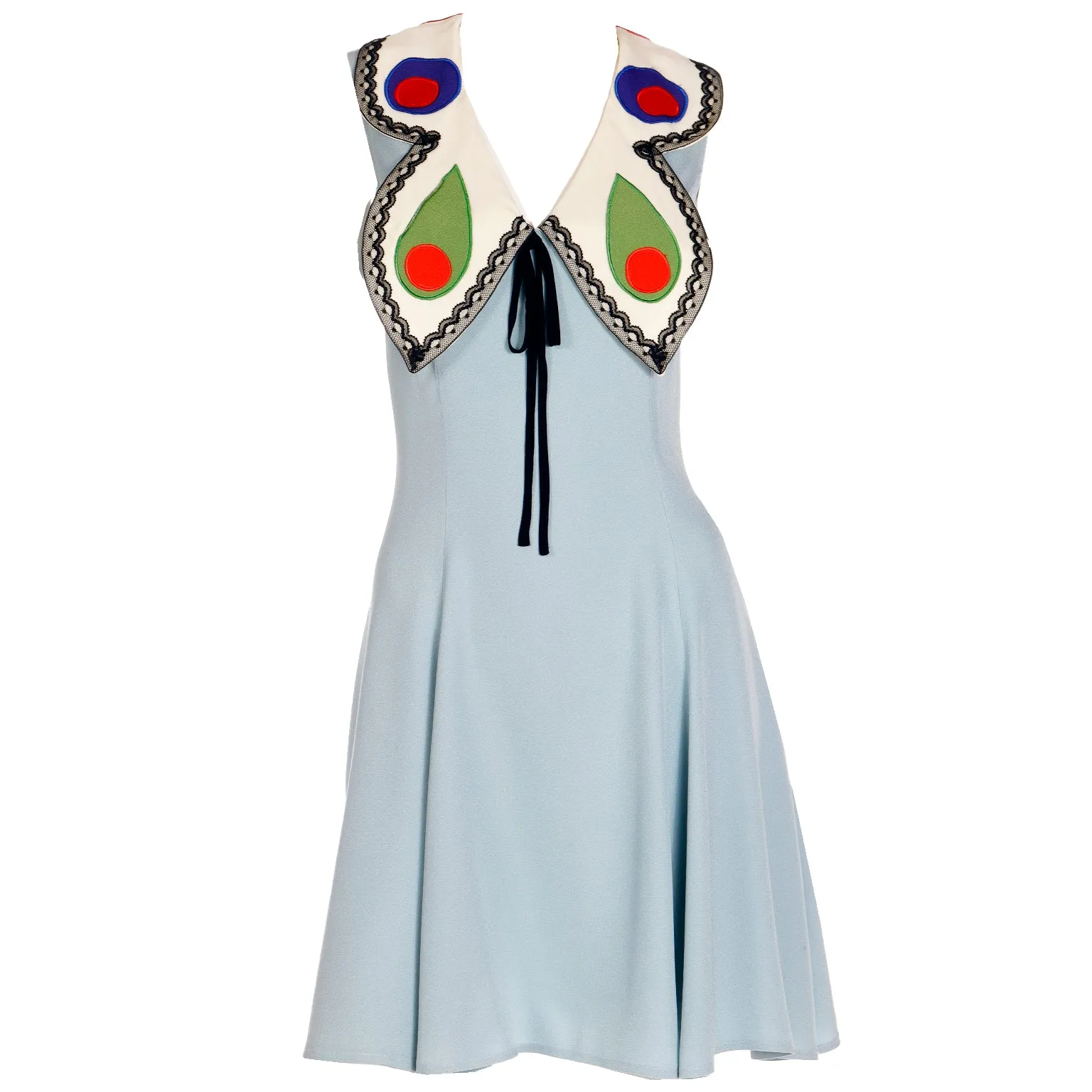 Franco Moschino 1990s Sleeveless Blue Butterfly Wing Collar Silk Dress