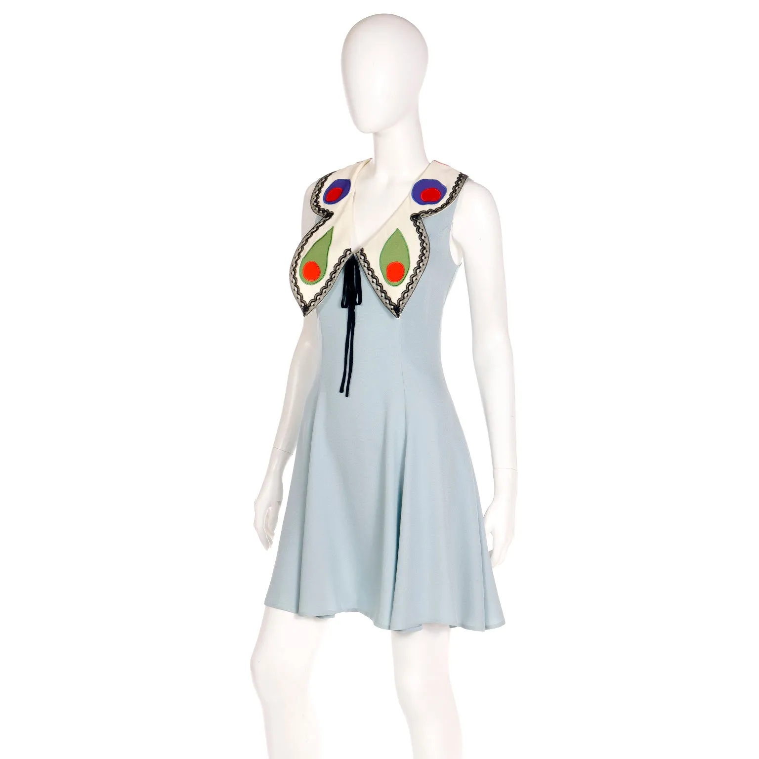 Franco Moschino 1990s Sleeveless Blue Butterfly Wing Collar Silk Dress