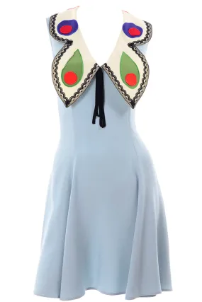 Franco Moschino 1990s Sleeveless Blue Butterfly Wing Collar Silk Dress