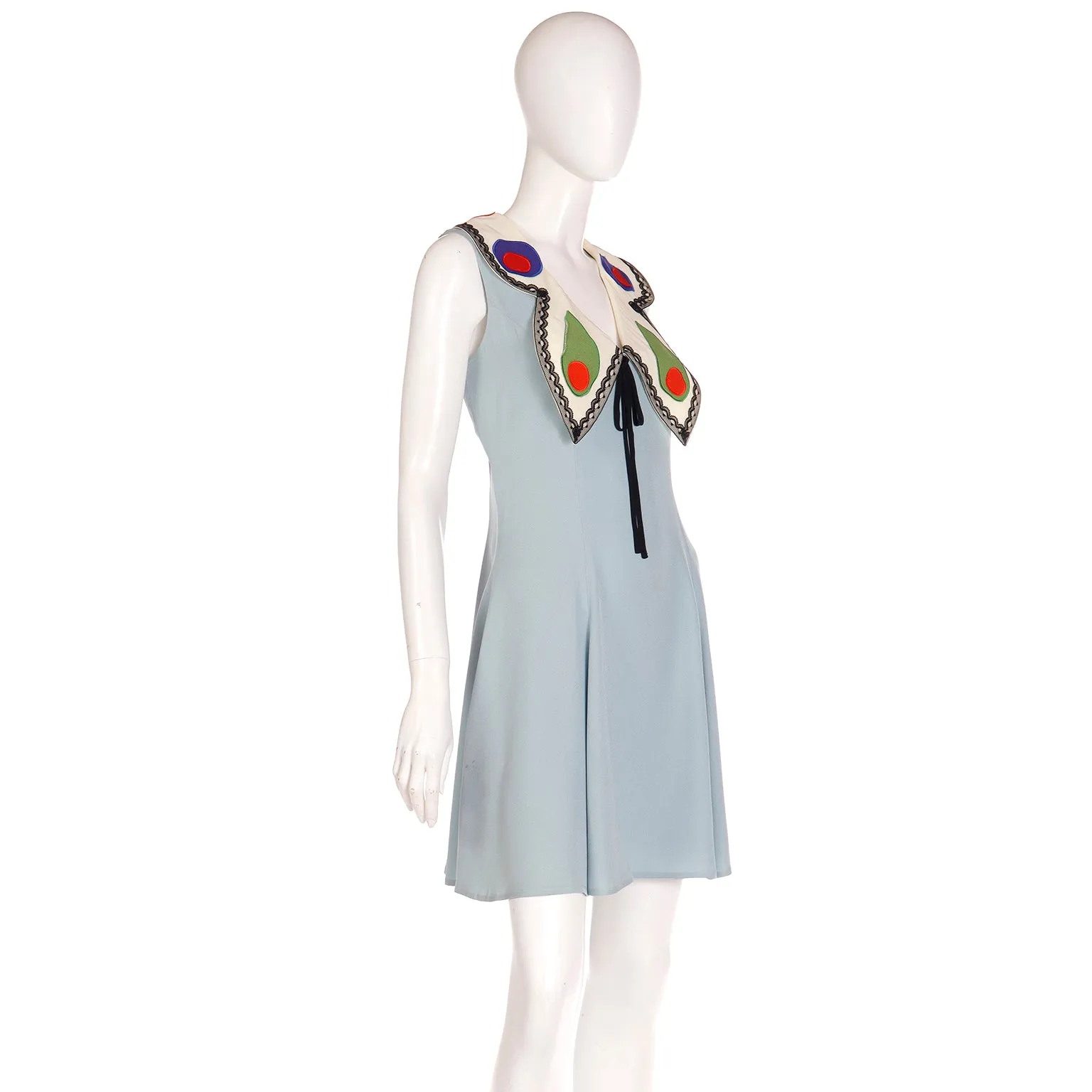 Franco Moschino 1990s Sleeveless Blue Butterfly Wing Collar Silk Dress